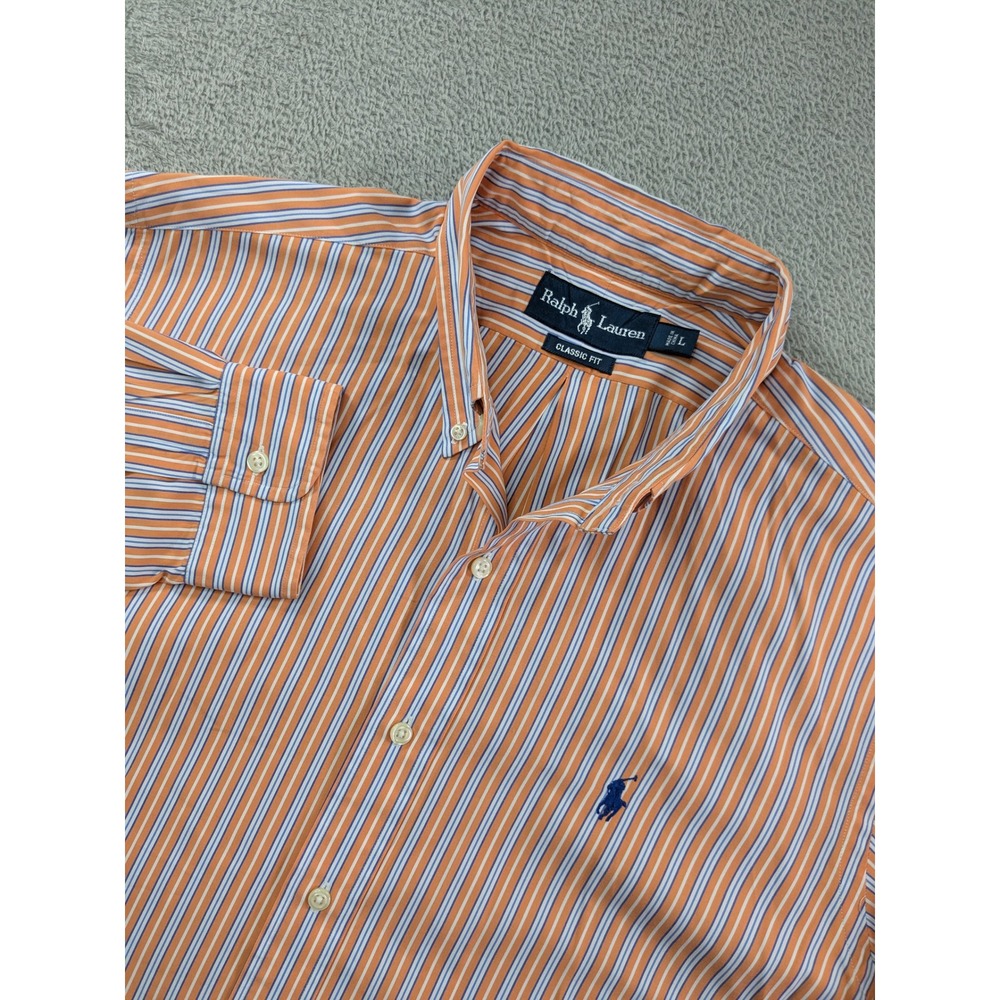 Polo Ralph Lauren Mens Large Classic Fit Orange Blue Striped Button Down Shirt